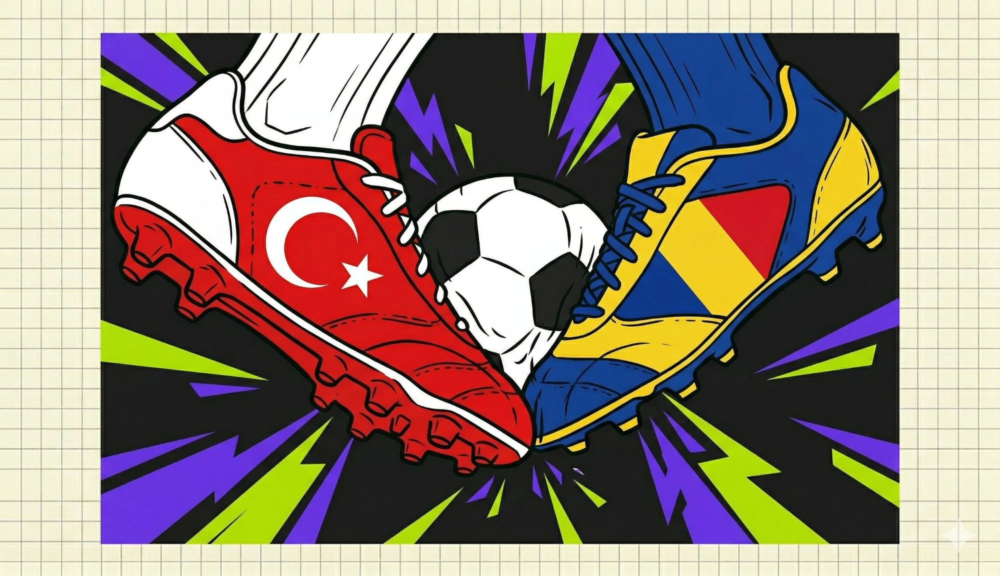 Türk ve Rumen renklerinde iki futbol botu aralarında topla mücadelede